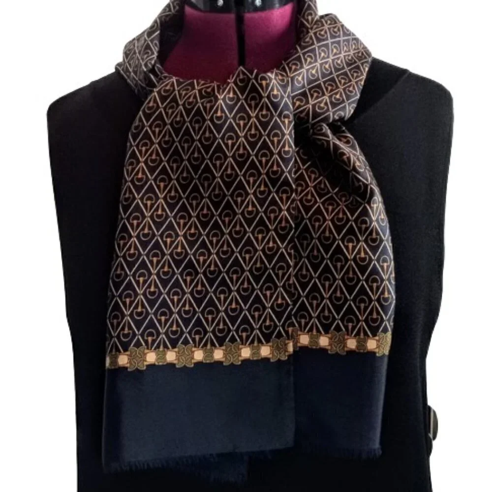 Paolo Gucci Italian Silk Wool Navy Blue Fringed Oblong Scarf